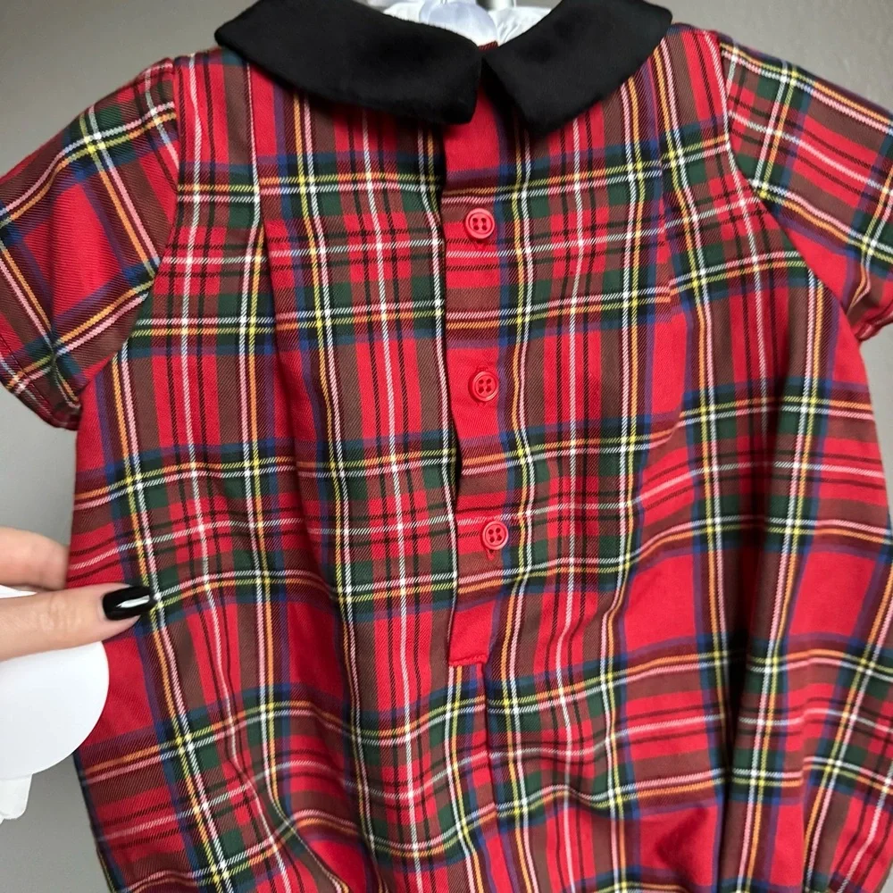 NWT Edgehill Collection Baby Short Sleeve Velvet Collar Plaid Holiday Romper 9M